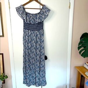 Zara Blue and White Off-Shoulder Maxi Dress Medium